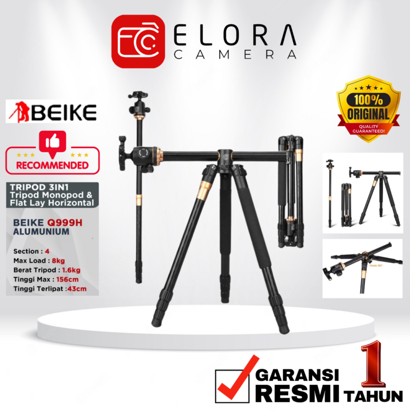 Beike QZSD Q999H Portable Professional Tripod Flatlay Horizontal Monopod / Beike Q999H Tripod Monopod Garansi Resmi